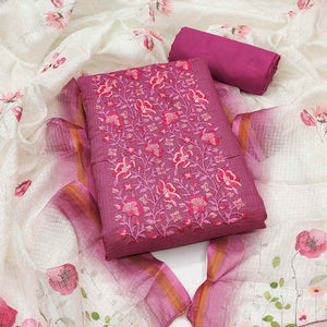 Magenta Kota Doria Dress Material With Intricate Floral Motifs & Sparkling Sequins Embroidery