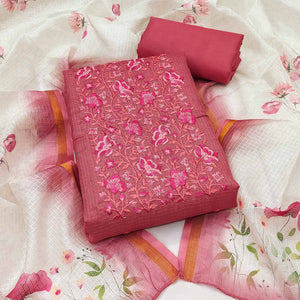 Pink Kota Doria Dress Material With Intricate Floral Motifs & Sparkling Sequins Embroidery