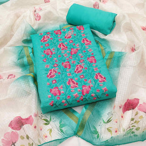 Turquoise Kota Doria Dress Material With Intricate Floral Motifs & Sparkling Sequins Embroidery
