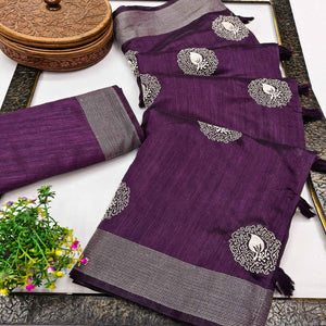 Purple Embroidered Art Silk Saree Adorned with Classic Zari Weaving Details