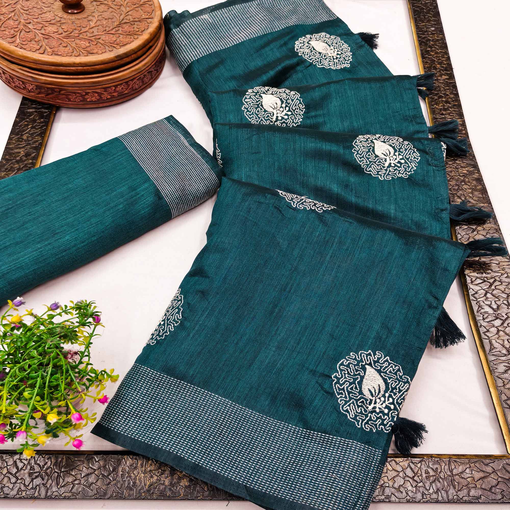 Teal Embroidered Art Silk Saree Adorned with Classic Zari Weaving Details