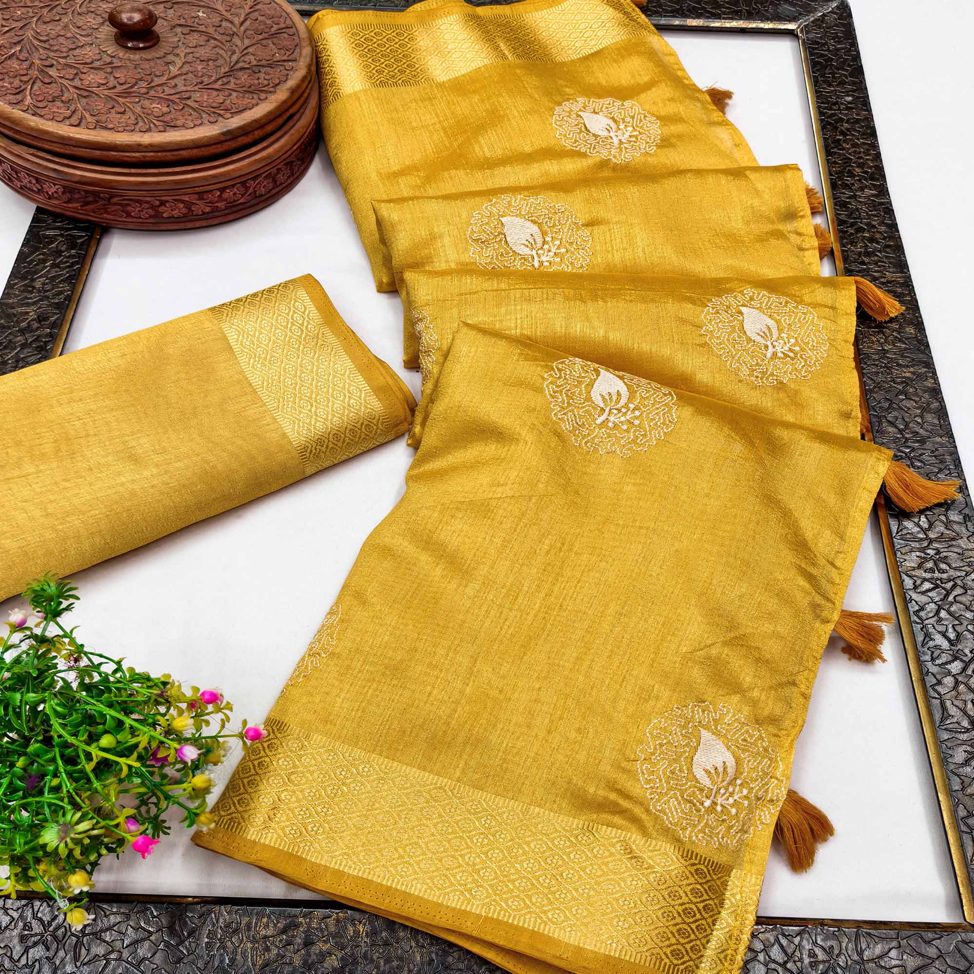 Yellow Embroidered Art Silk Saree Adorned with Classic Zari Weaving Details