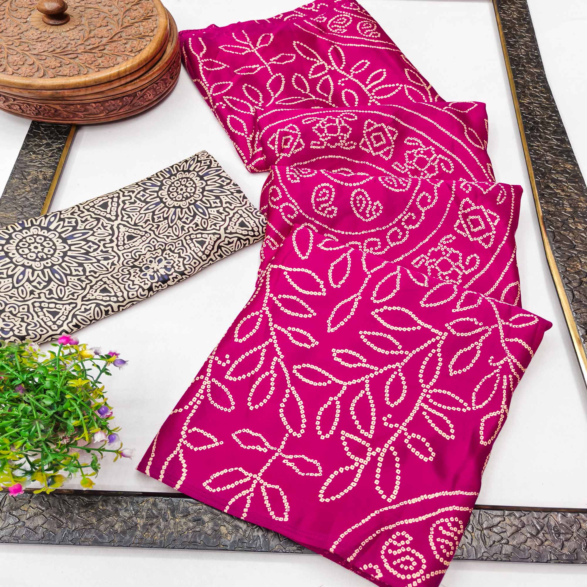 Pink Moss Satin Silk Saree Featuring Bandhani Print & Ajrakh Pallu Work