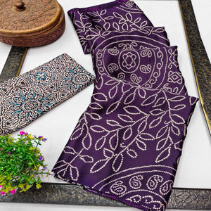 Violet Moss Satin Silk Saree Featuring Bandhani Print & Ajrakh Pallu Work