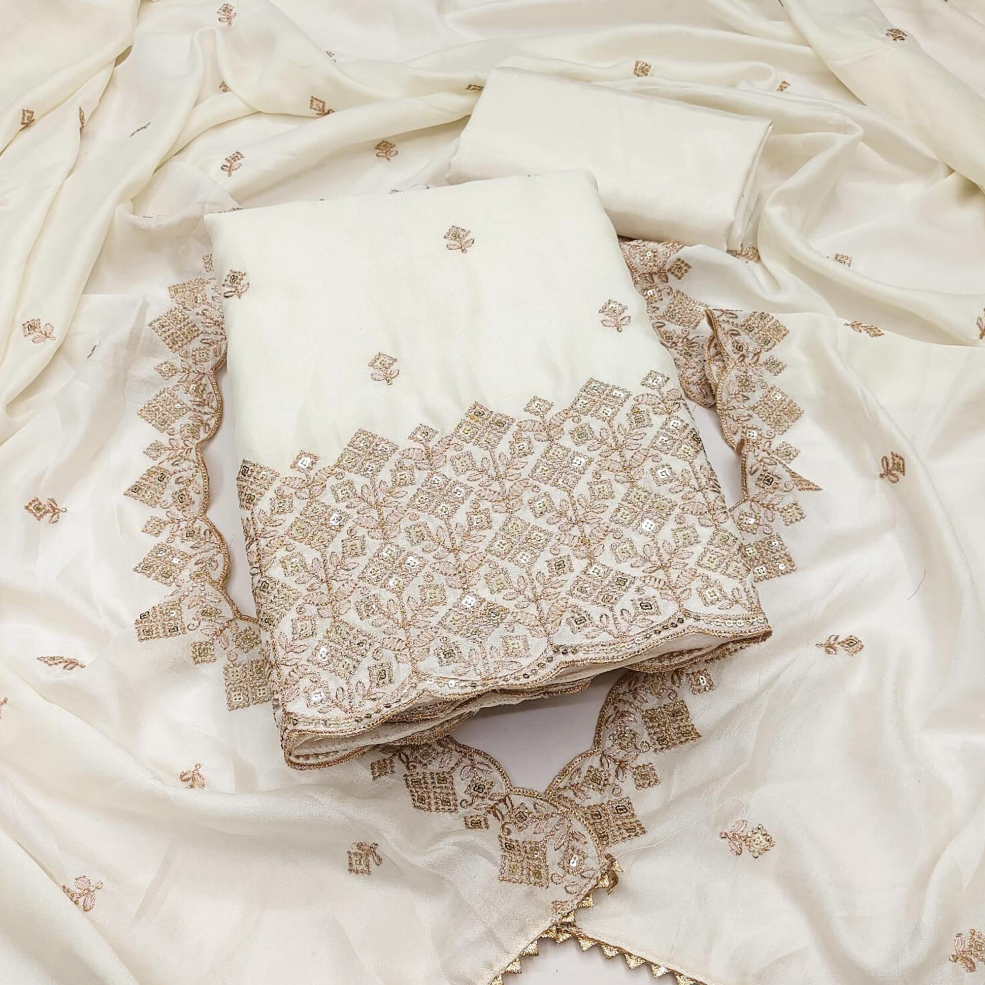 Festive Wear Off White Vichitra Silk Dress Material with Sequins Embellishment