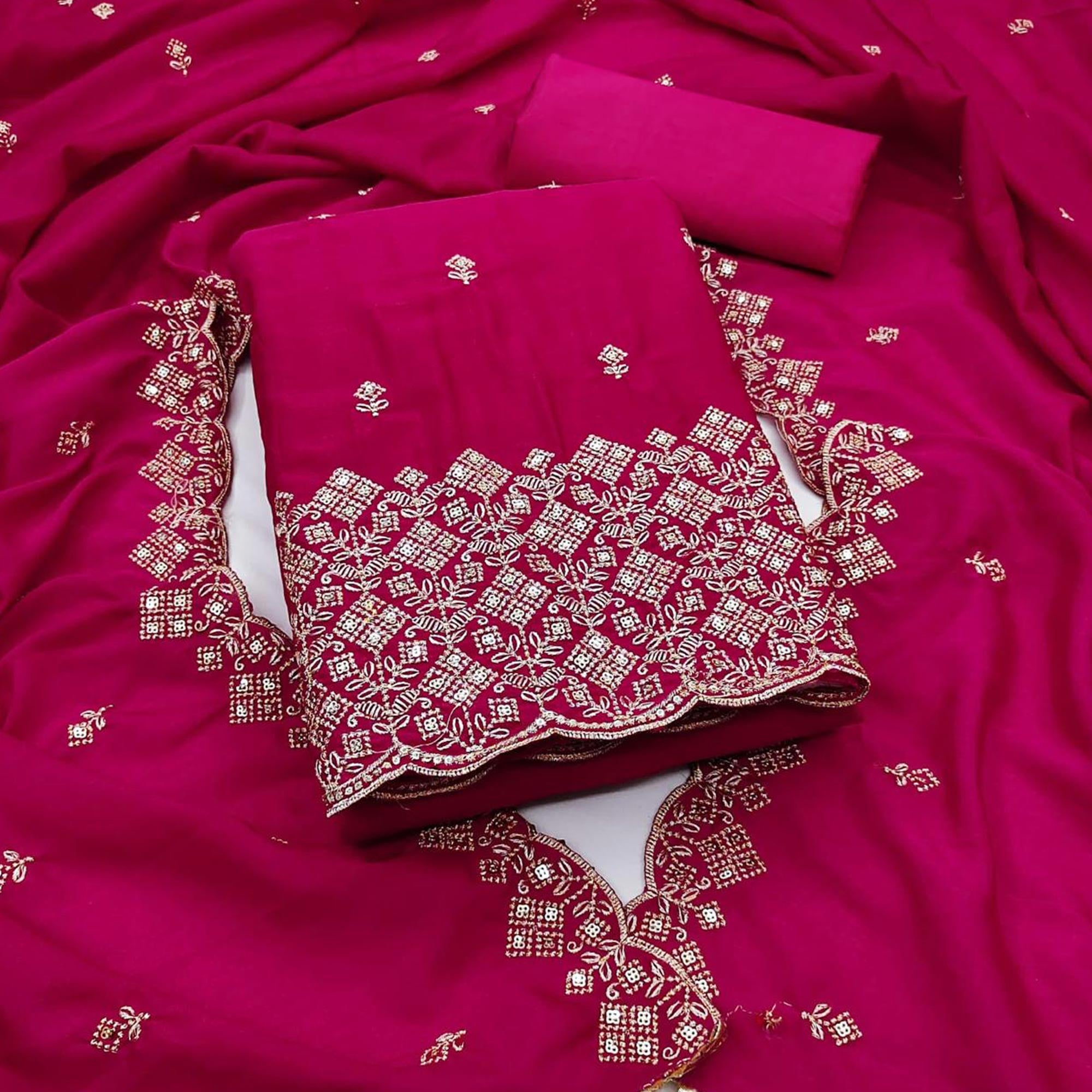 Festive Wear Pink Vichitra Silk Dress Material with Sequins Embellishment