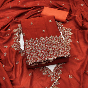 Festive Wear Rust Vichitra Silk Dress Material with Sequins Embellishment
