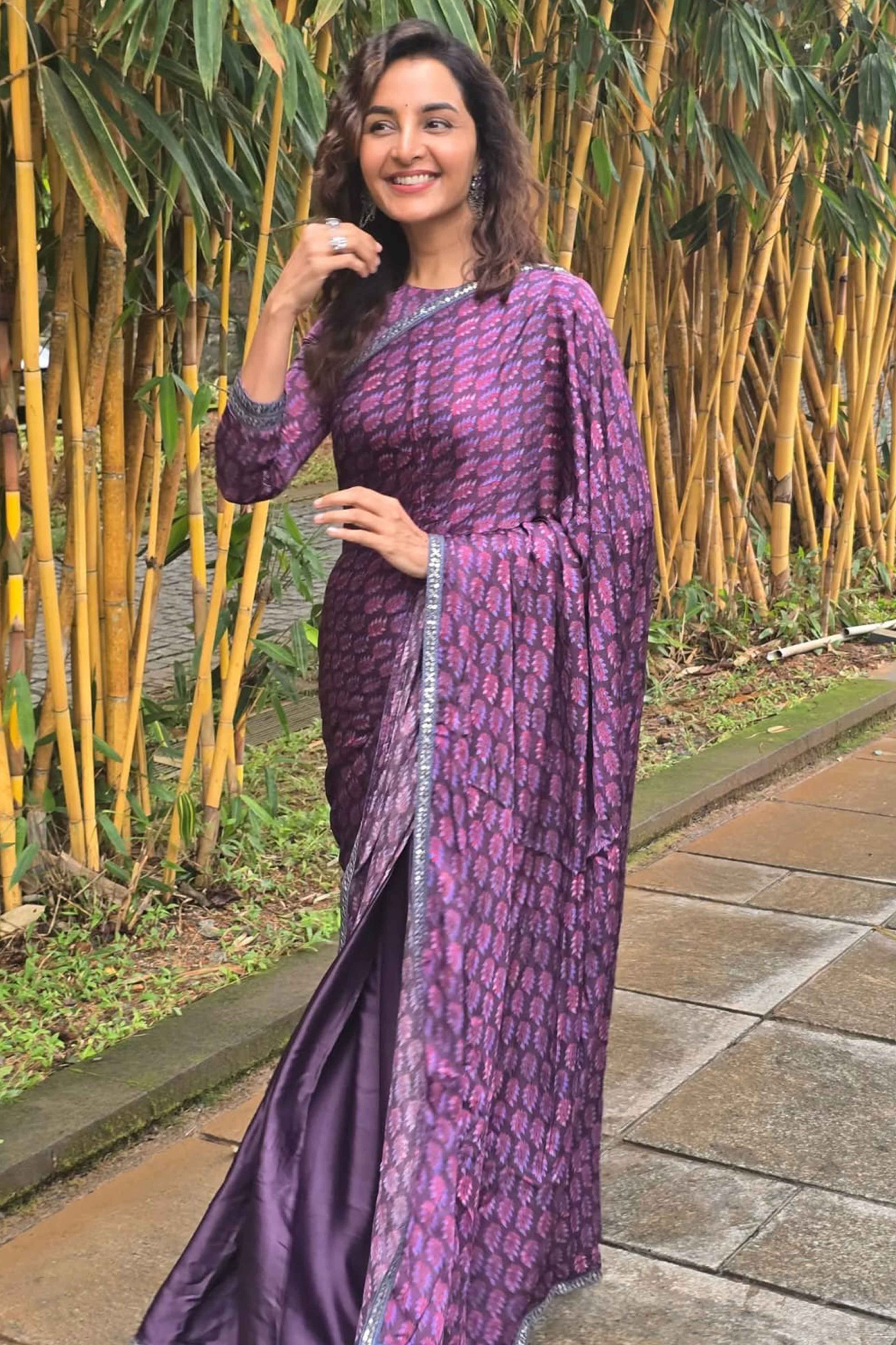 Floral Printed Purple Crepe Silk Saree with Delicate Sequins Border