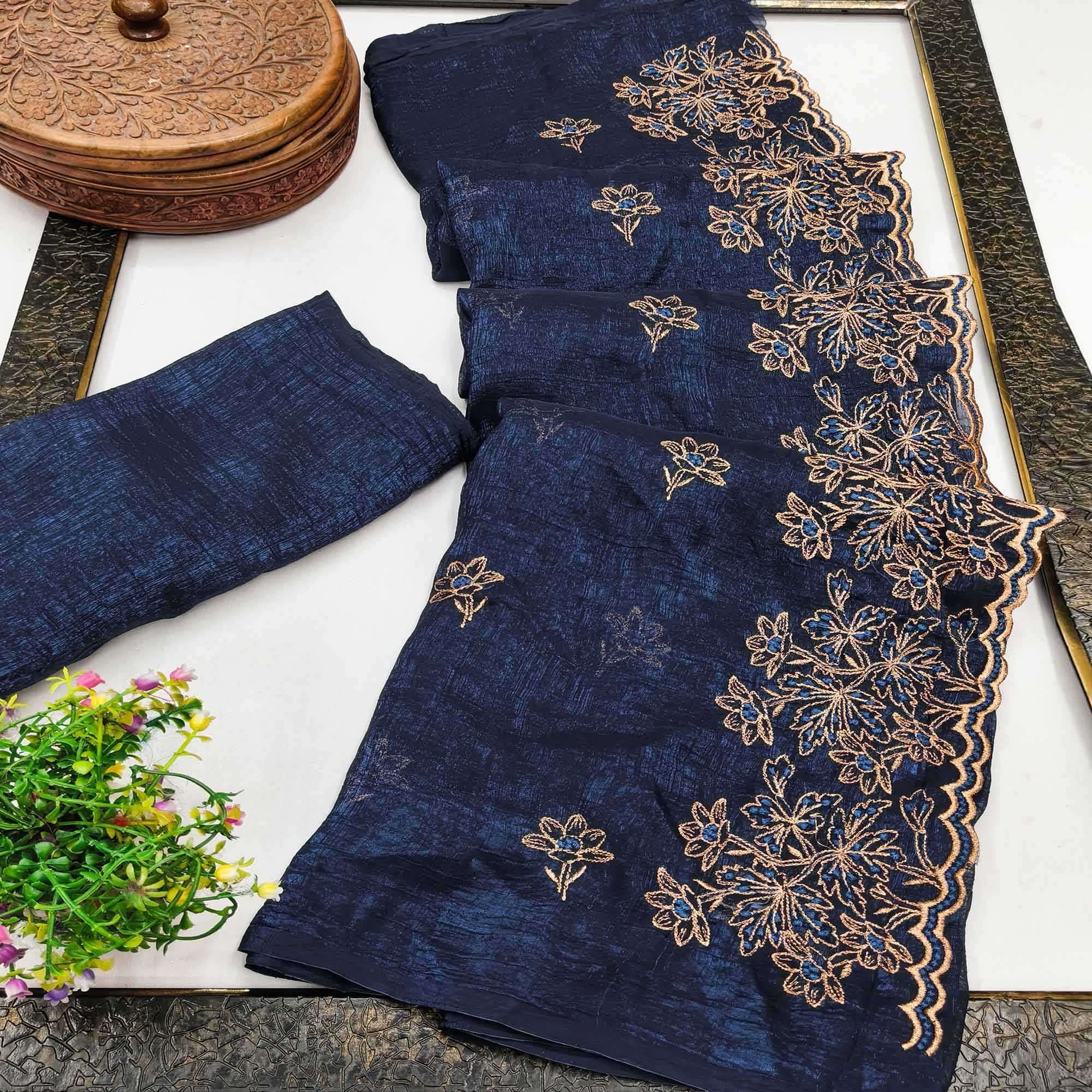 Timeless Navy Blue Floral Organza Saree with Embroidery for Parties