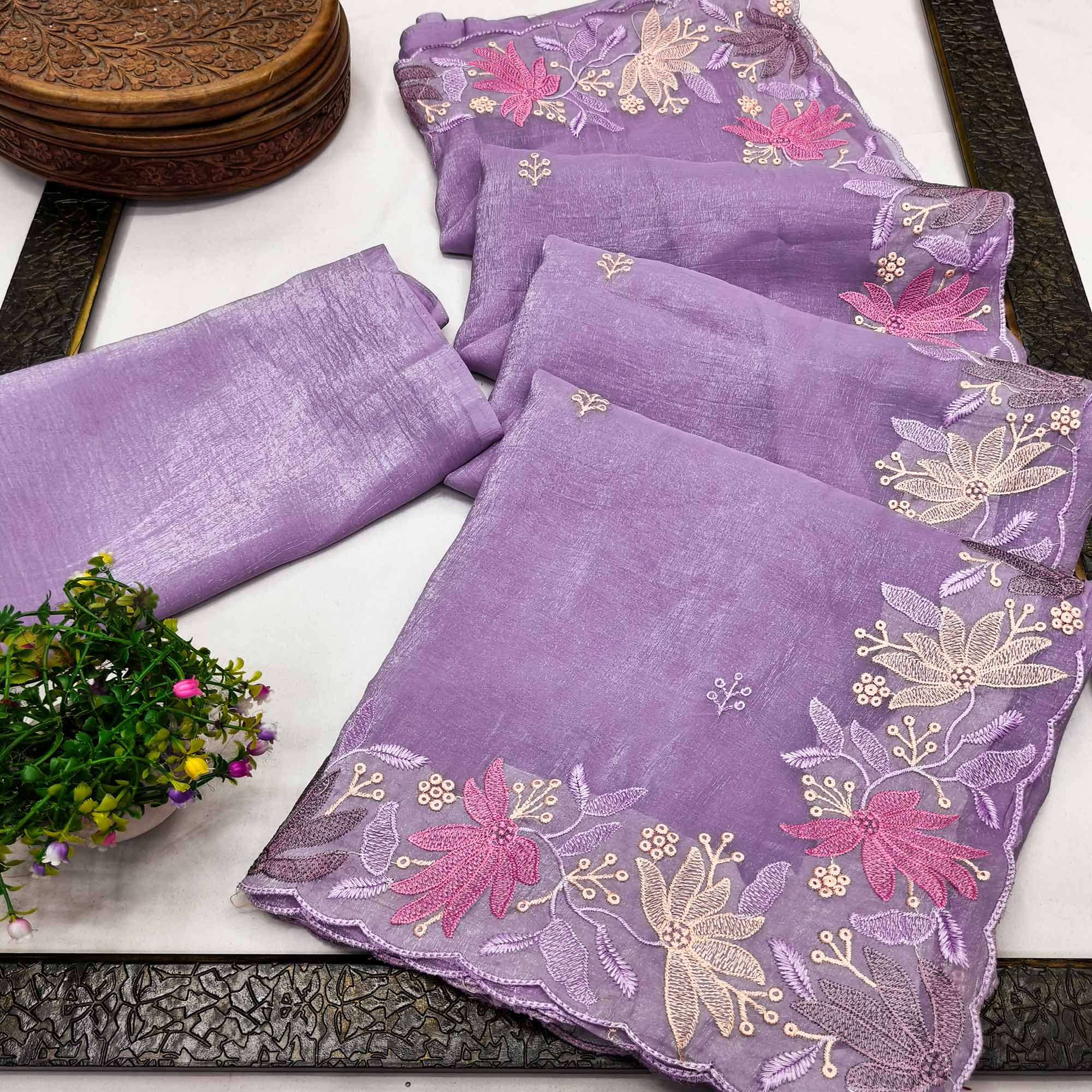 Lavender Organza Party Saree with Intricate Floral Embroidery