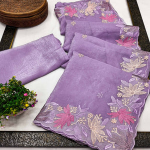 Lavender Organza Party Saree with Intricate Floral Embroidery