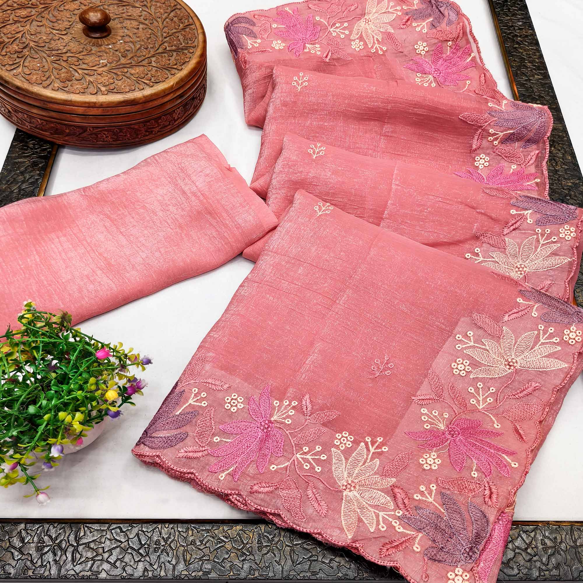 Peach Organza Party Saree with Intricate Floral Embroidery