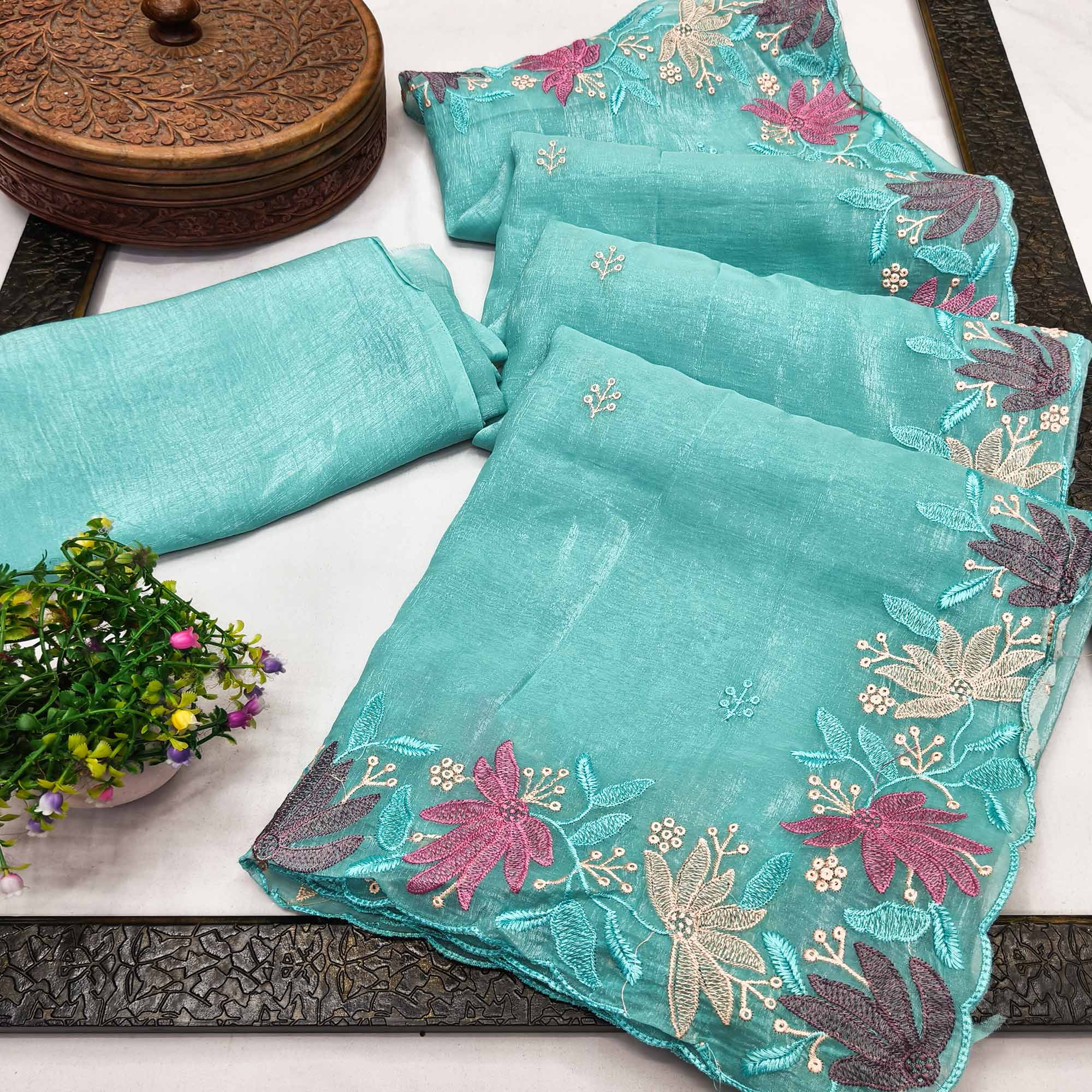 Turquoise Organza Party Saree with Intricate Floral Embroidery