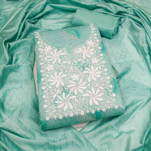 Turquoise Chanderi Cotton Dress Material Adorned With Floral Thread Embroidery & Sequins Work