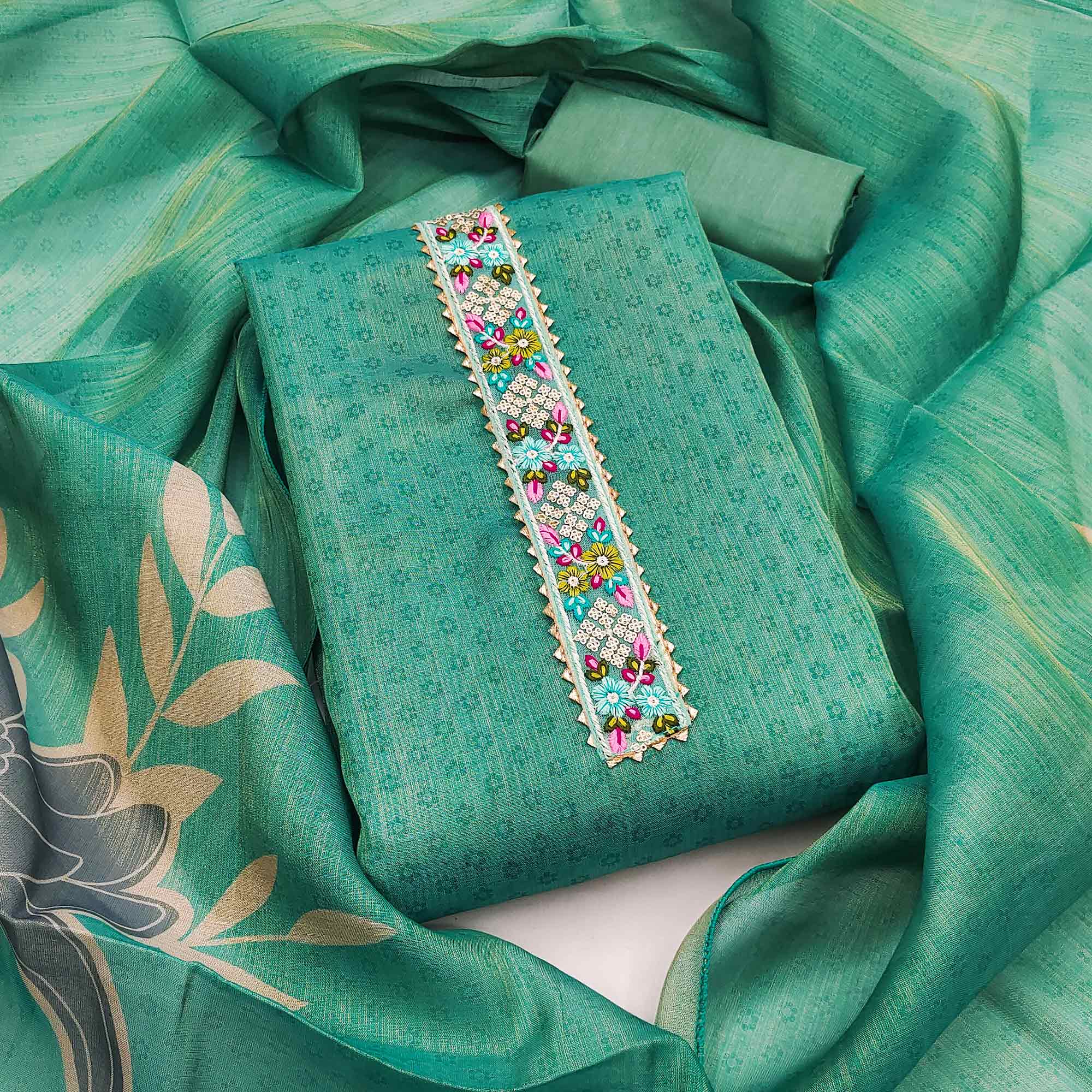 Turquoise Floral Digital Printed Art Silk Dress Material With Sparkling Sequins Embroidery