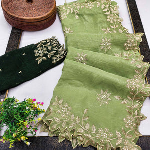Regal Green Chiffon Saree Adorned with Intricate Golden Embroidery