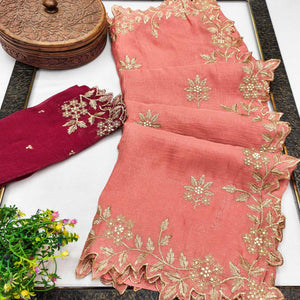 Regal Peach Chiffon Saree Adorned with Intricate Golden Embroidery