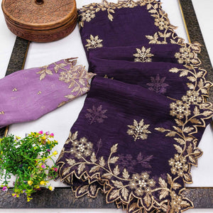 Regal Purple Chiffon Saree Adorned with Intricate Golden Embroidery