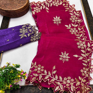 Regal Rani Pink Chiffon Saree Adorned with Intricate Golden Embroidery