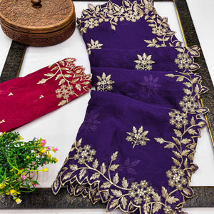 Regal Violet Chiffon Saree Adorned with Intricate Golden Embroidery
