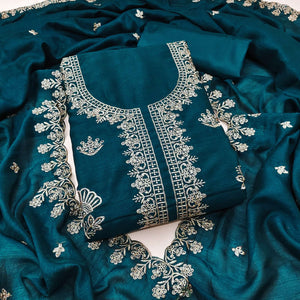 Teal Thread Embroidered Vichitra Silk Dress Material Perfect for Party & Festive Wear