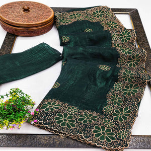 Green Partywear Saree in Soft Chiffon with Intricate Floral Embroidery