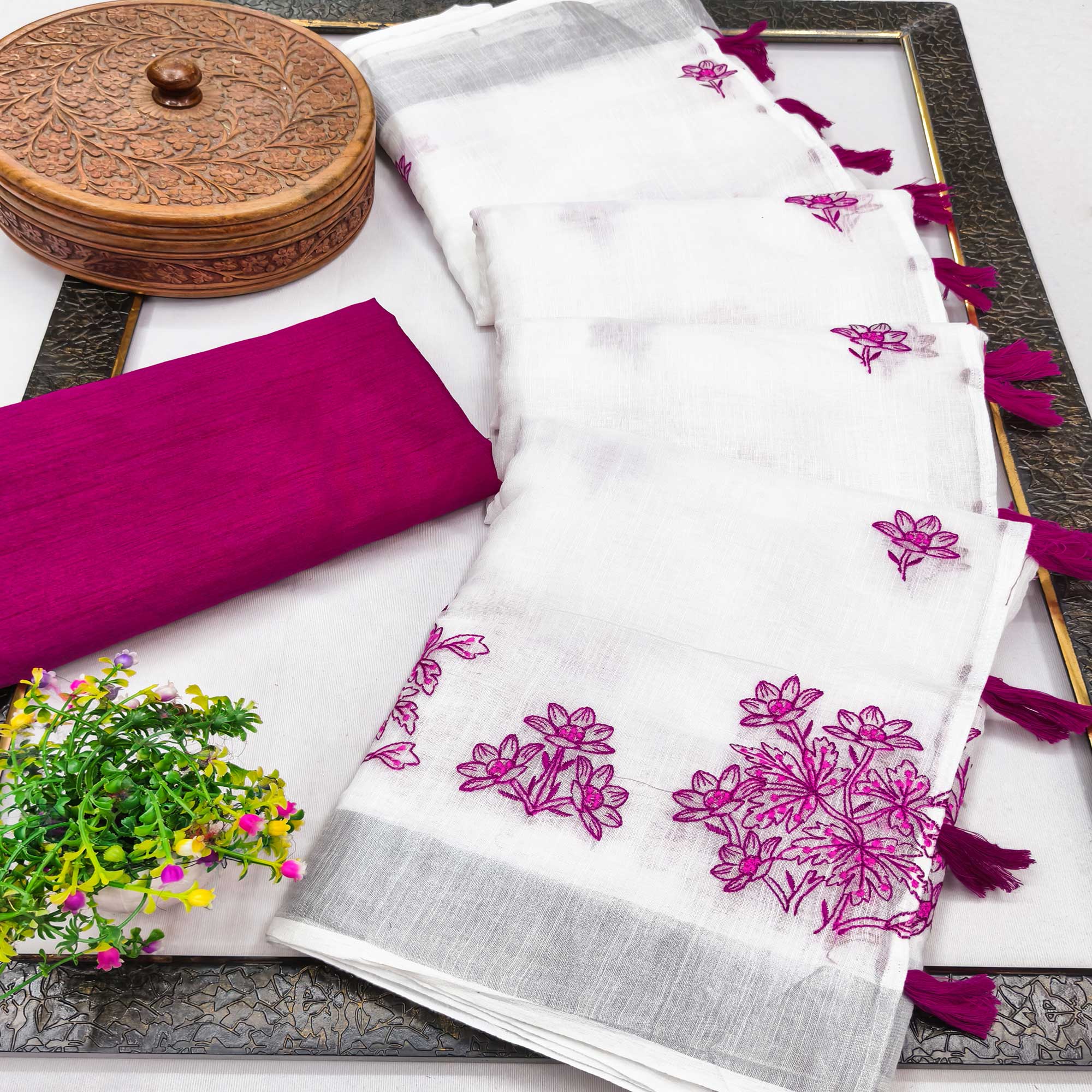 White & Pink Floral Embroidered Linen Saree Perfect for Festive Occasions
