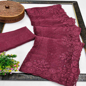 Wine Chiffon Saree Featuring Delicate Floral Embroidery & Shimmering Stone Work