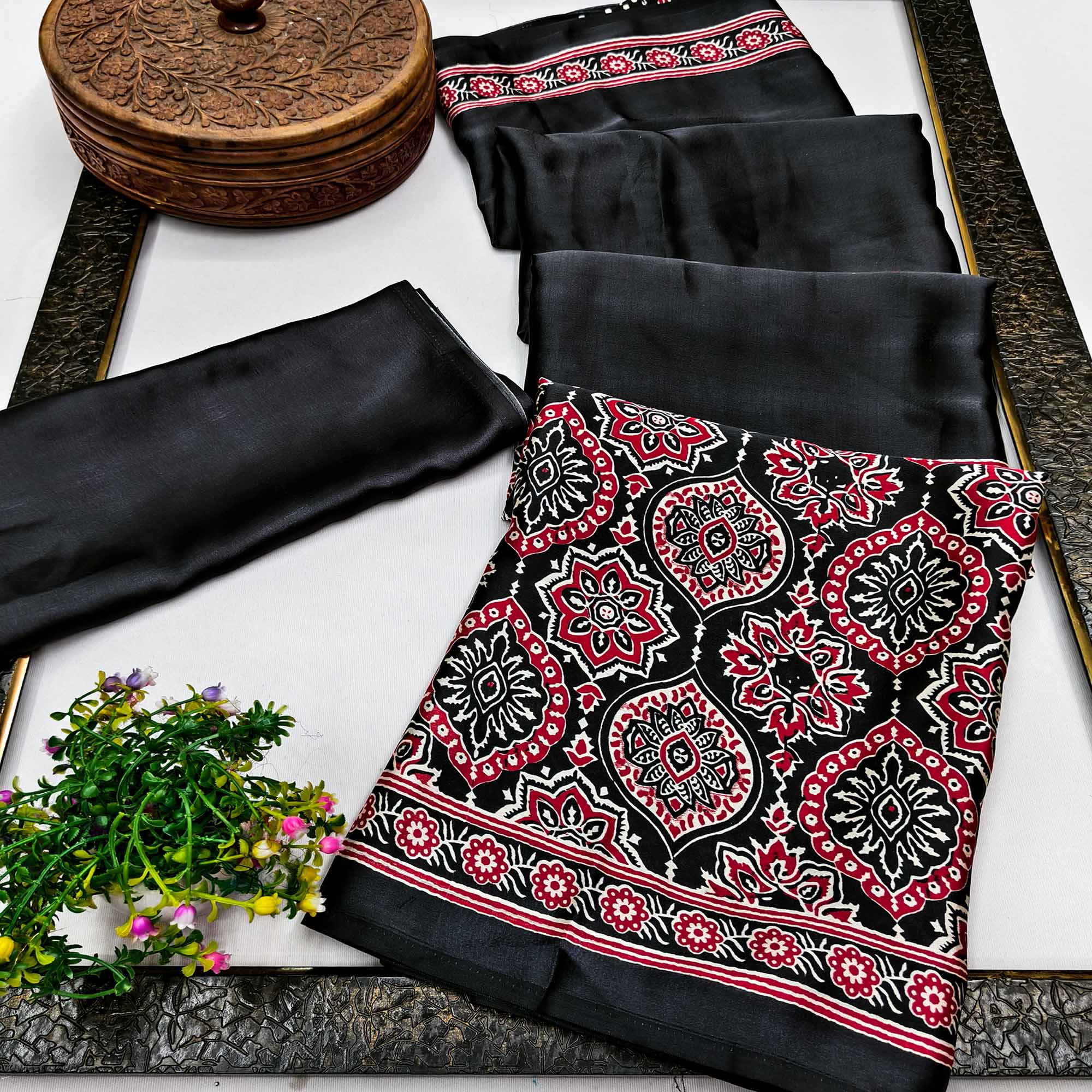 Heritage Inspired Black Crepe Silk Saree Featuring Ajrakh Block Print