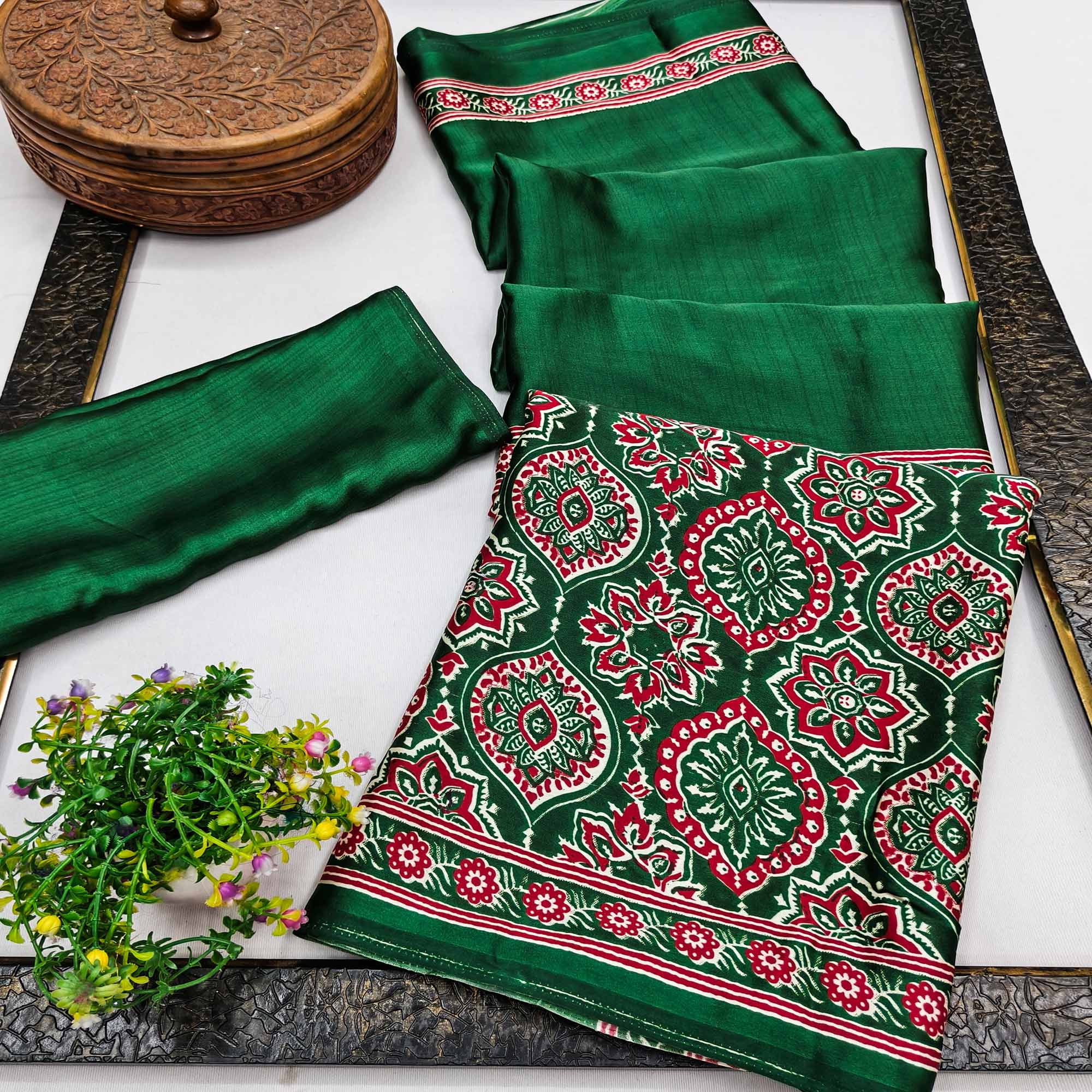 Heritage Inspired Green Crepe Silk Saree Featuring Ajrakh Block Print