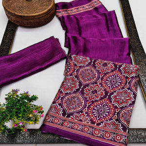Heritage Inspired Magenta Crepe Silk Saree Featuring Ajrakh Block Print