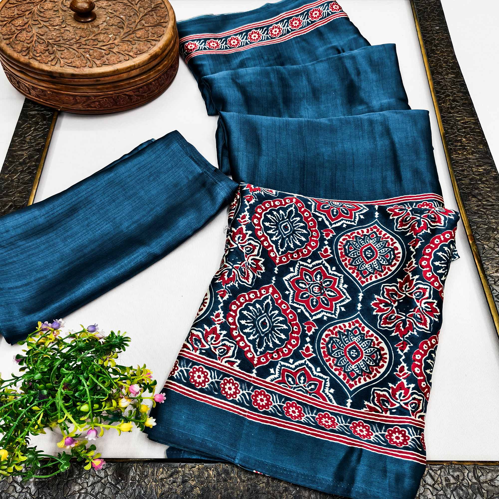 Heritage Inspired Teal Crepe Silk Saree Featuring Ajrakh Block Print