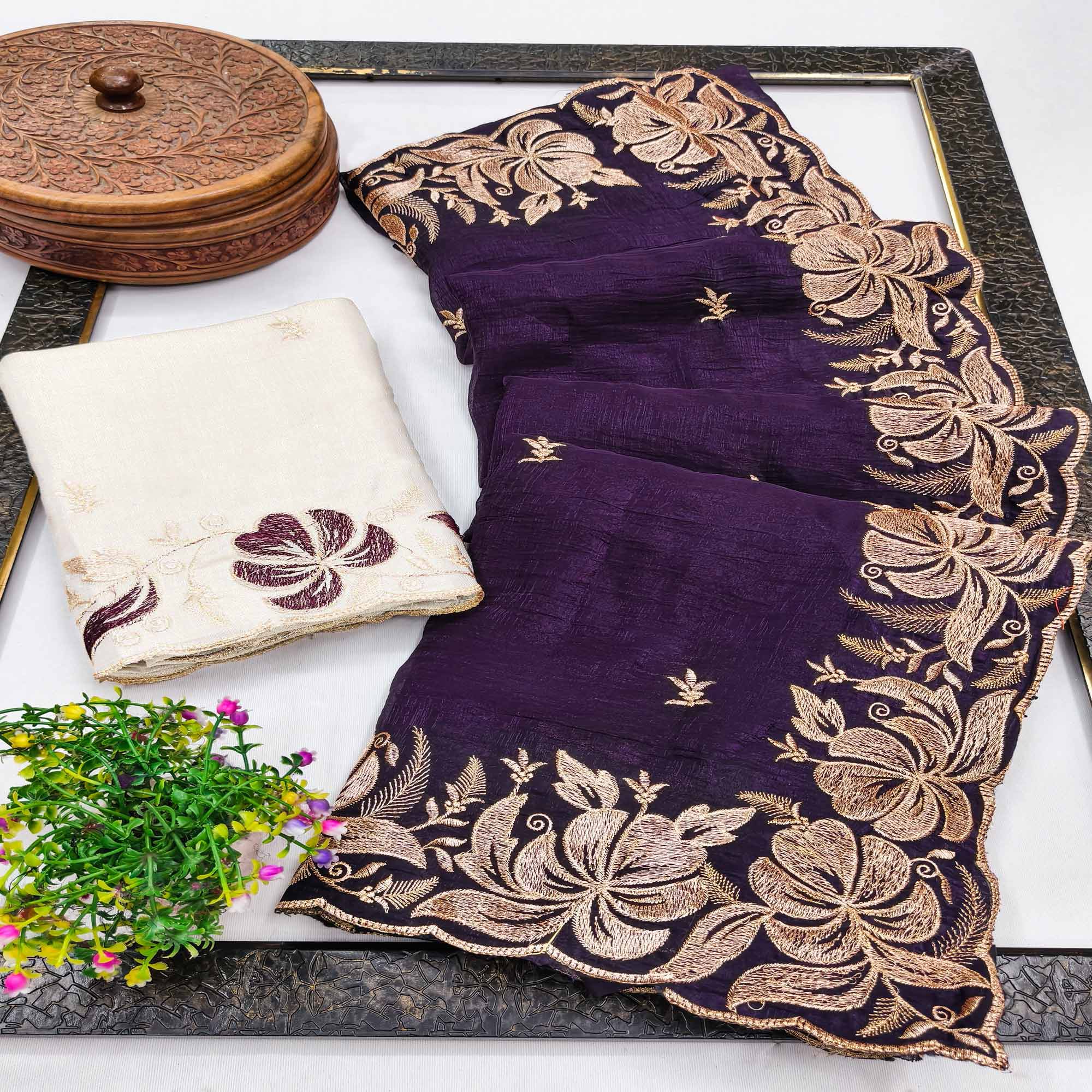 Deep Purple Golden Thread Embroidered Chiffon Saree for Elegant Evening & Celebration Styling