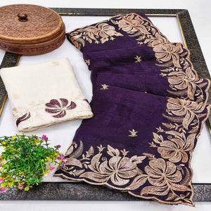 Deep Purple Golden Thread Embroidered Chiffon Saree for Elegant Evening & Celebration Styling