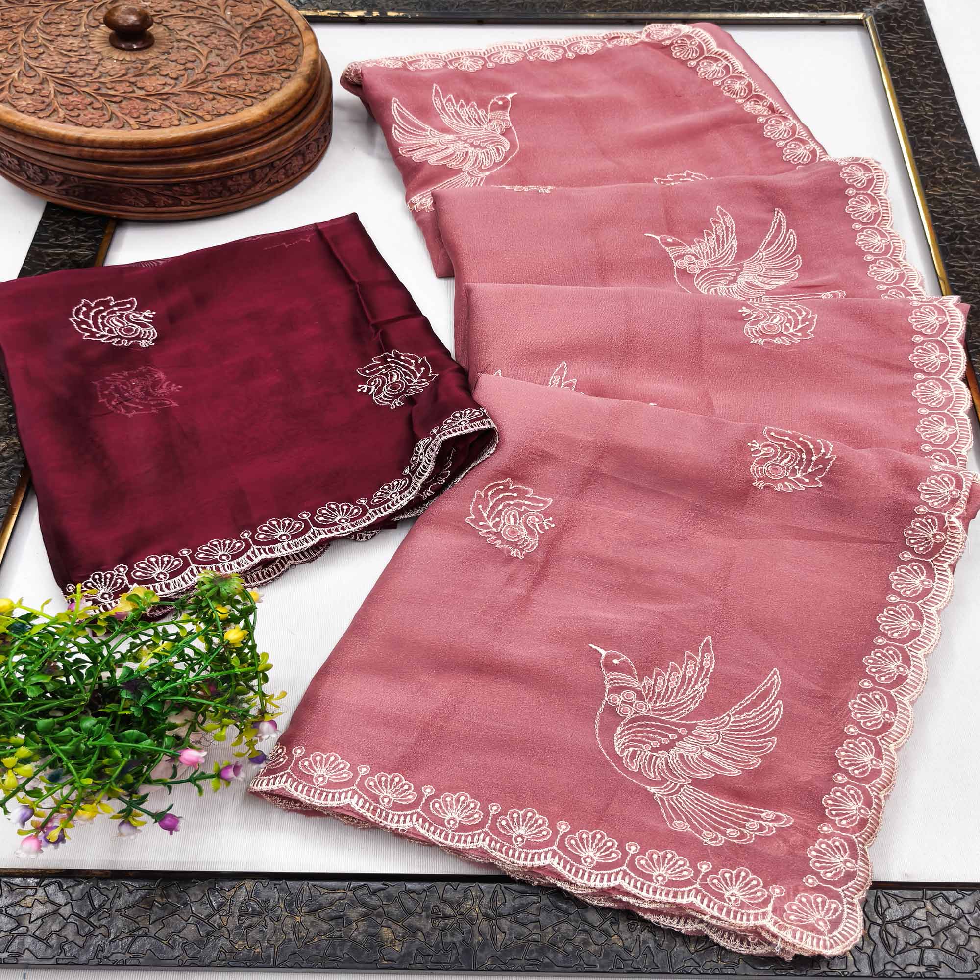 Lightweight Chiffon Saree in Dusty Pink with Exquisite Thread Embroidered Detailing