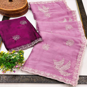 Lightweight Chiffon Saree in Light Purple with Exquisite Thread Embroidered Detailing