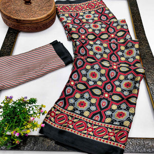 Modern Style Black Ajrakh Printed Crepe Silk Saree for Elegant Party Occasions