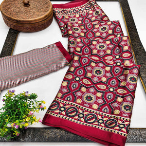 Modern Style Maroon Ajrakh Printed Crepe Silk Saree for Elegant Party Occasions