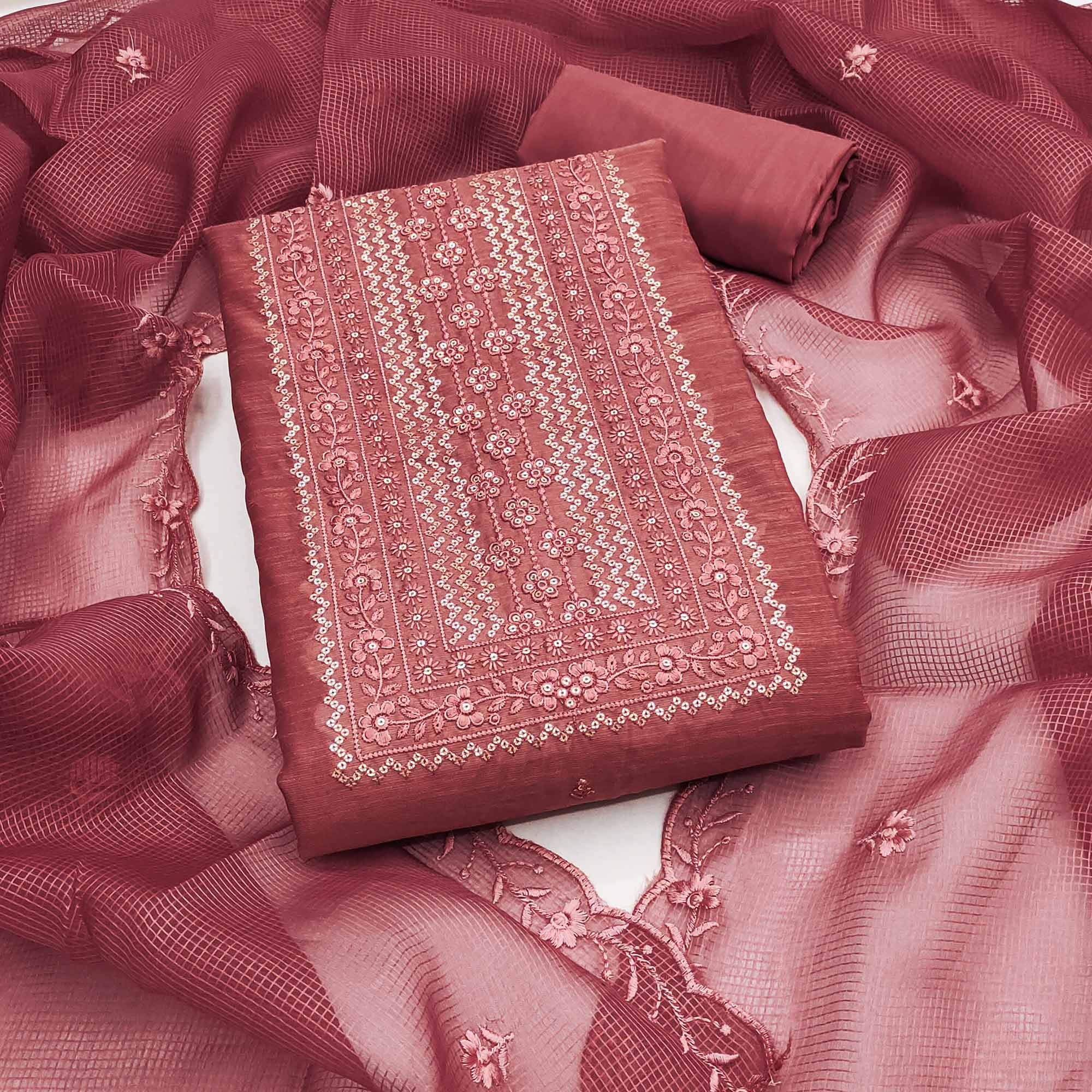 Classic Pink Chanderi Silk Dress Material With Exquisite Floral Sequins Embroidery
