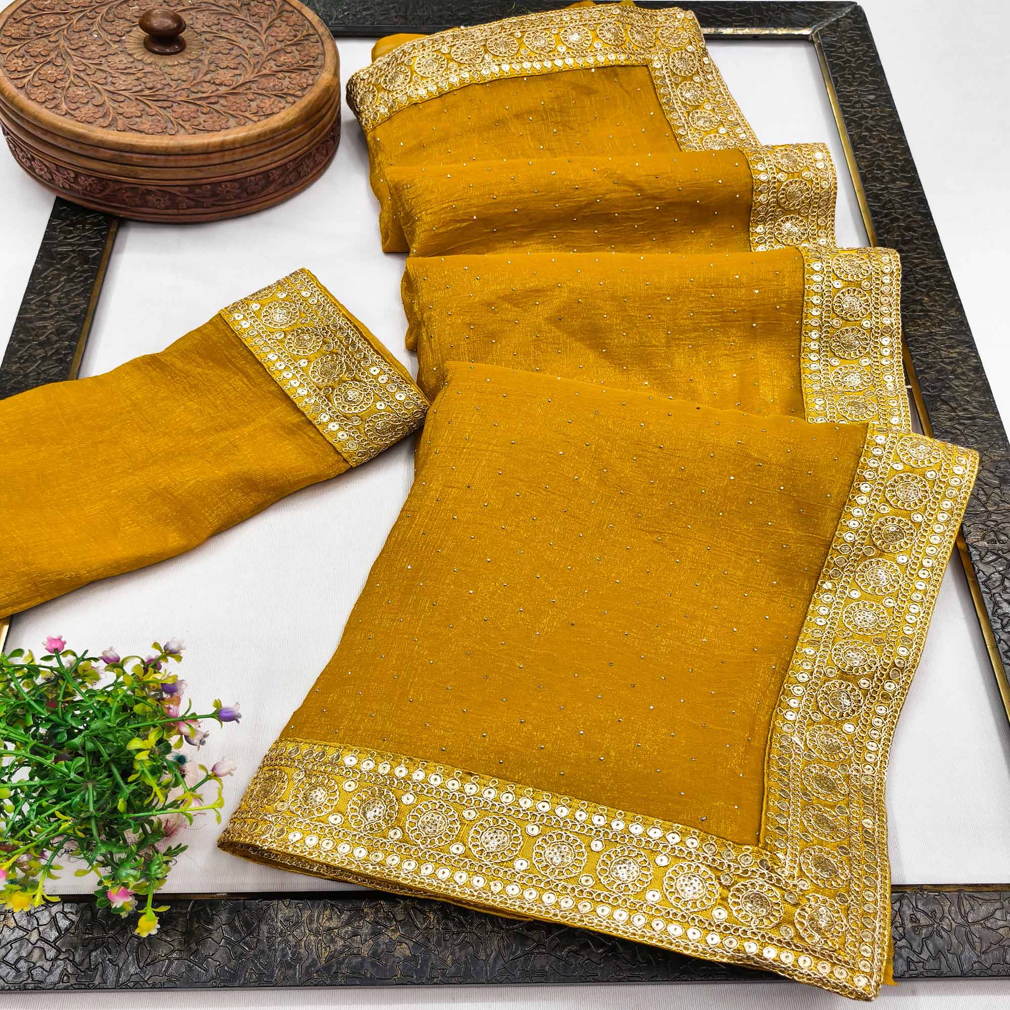 Graceful Mustard Chiffon Saree Adorned With Stonework & Sequins Embroidered Border