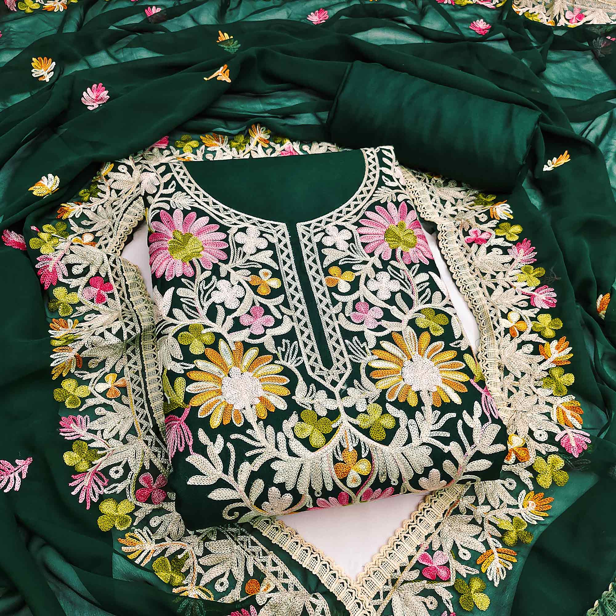 Elegant Green Floral Thread Embroidered Rayon Dress Material