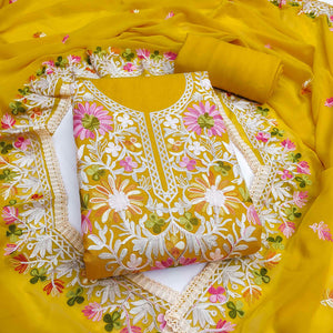 Elegant Yellow Floral Thread Embroidered Rayon Dress Material