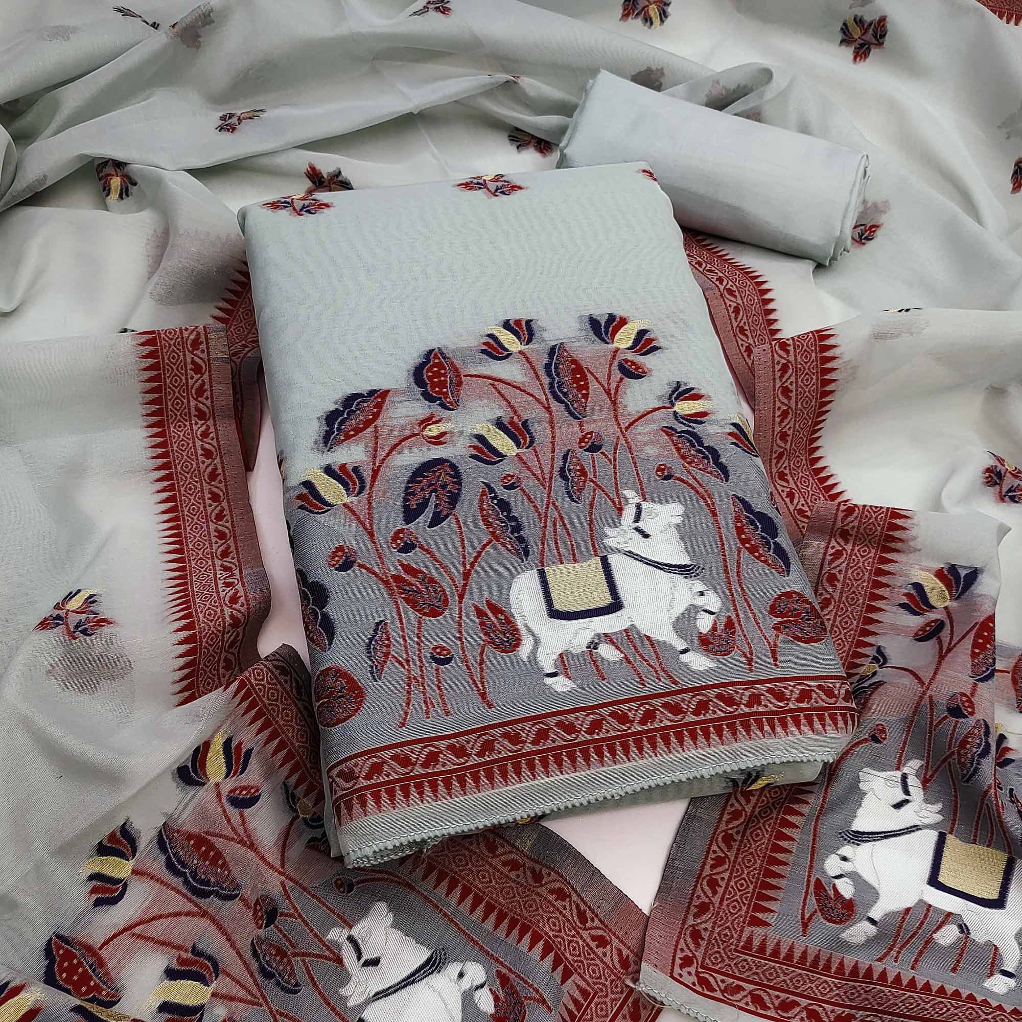 Premium Grey Chanderi Silk Weaving Dress Material With Artistic Floral & Animal Motifs