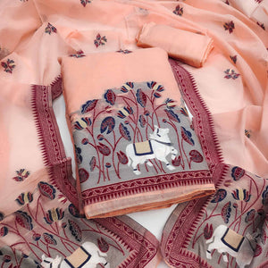 Premium Peach Chanderi Silk Weaving Dress Material With Artistic Floral & Animal Motifs