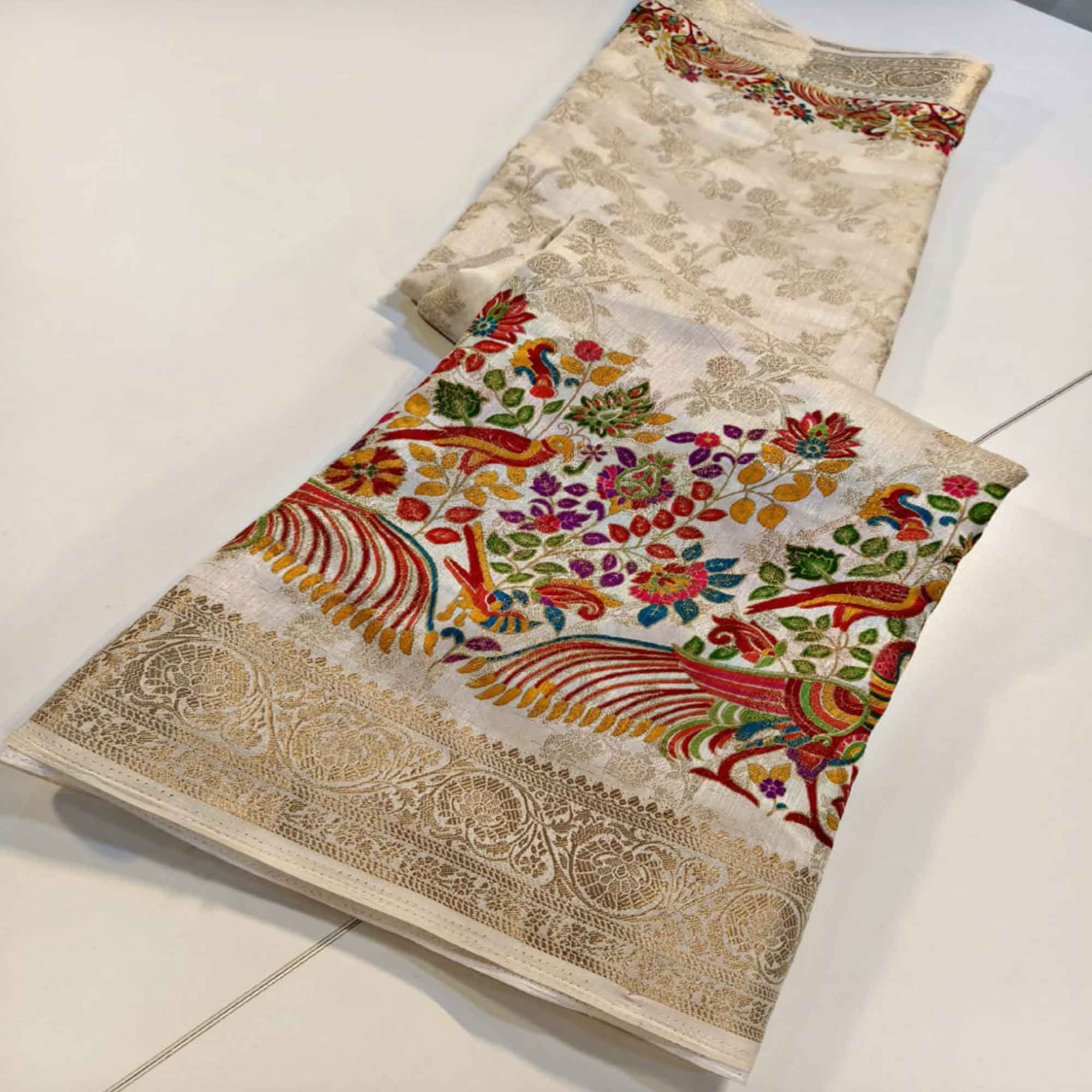 Off white Dola Silk Fabric with Multicolor Peacock & Floral Weaving