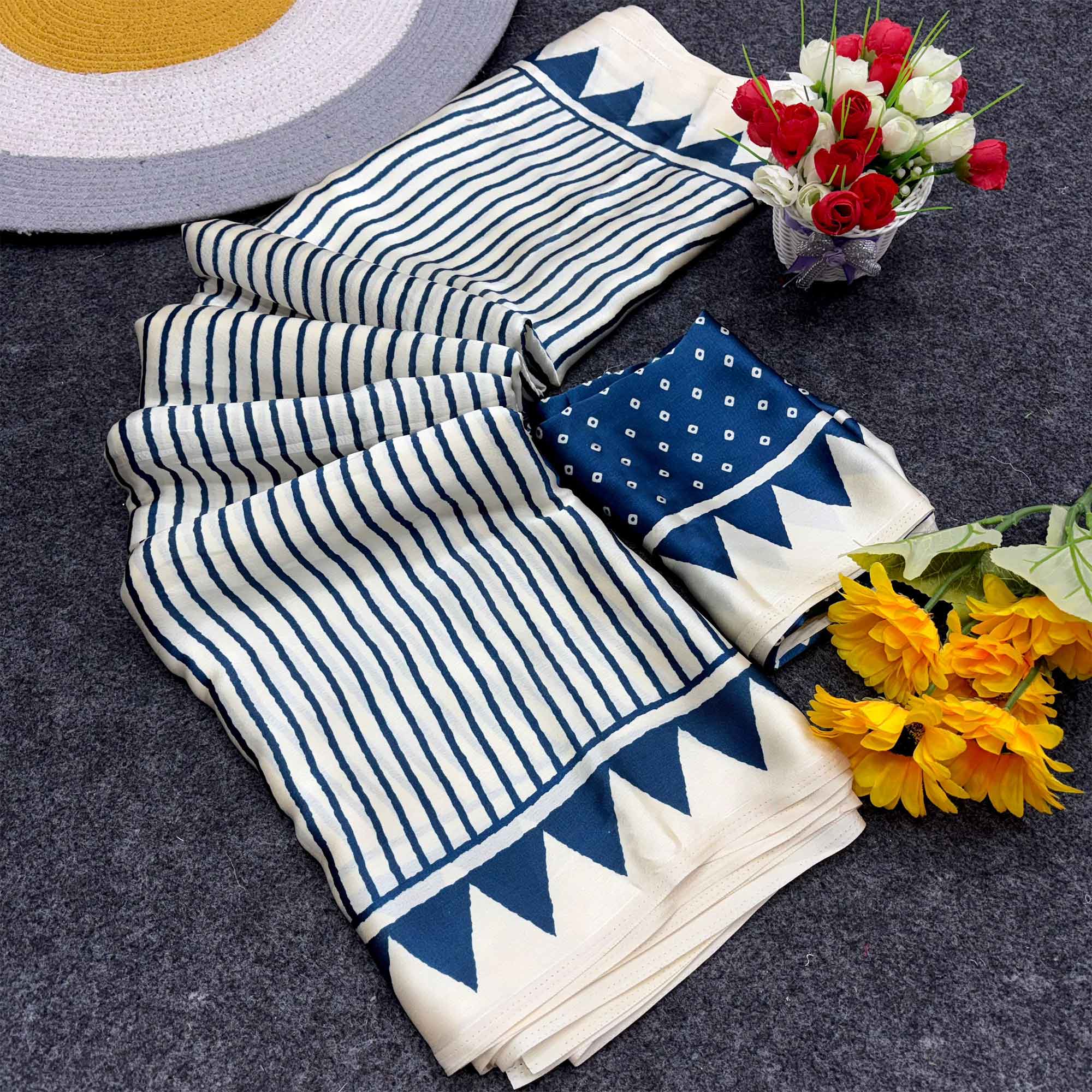 Party Perfect Off White & Blue Saree Crafted in Cream Crepe Fabric with Striped Print