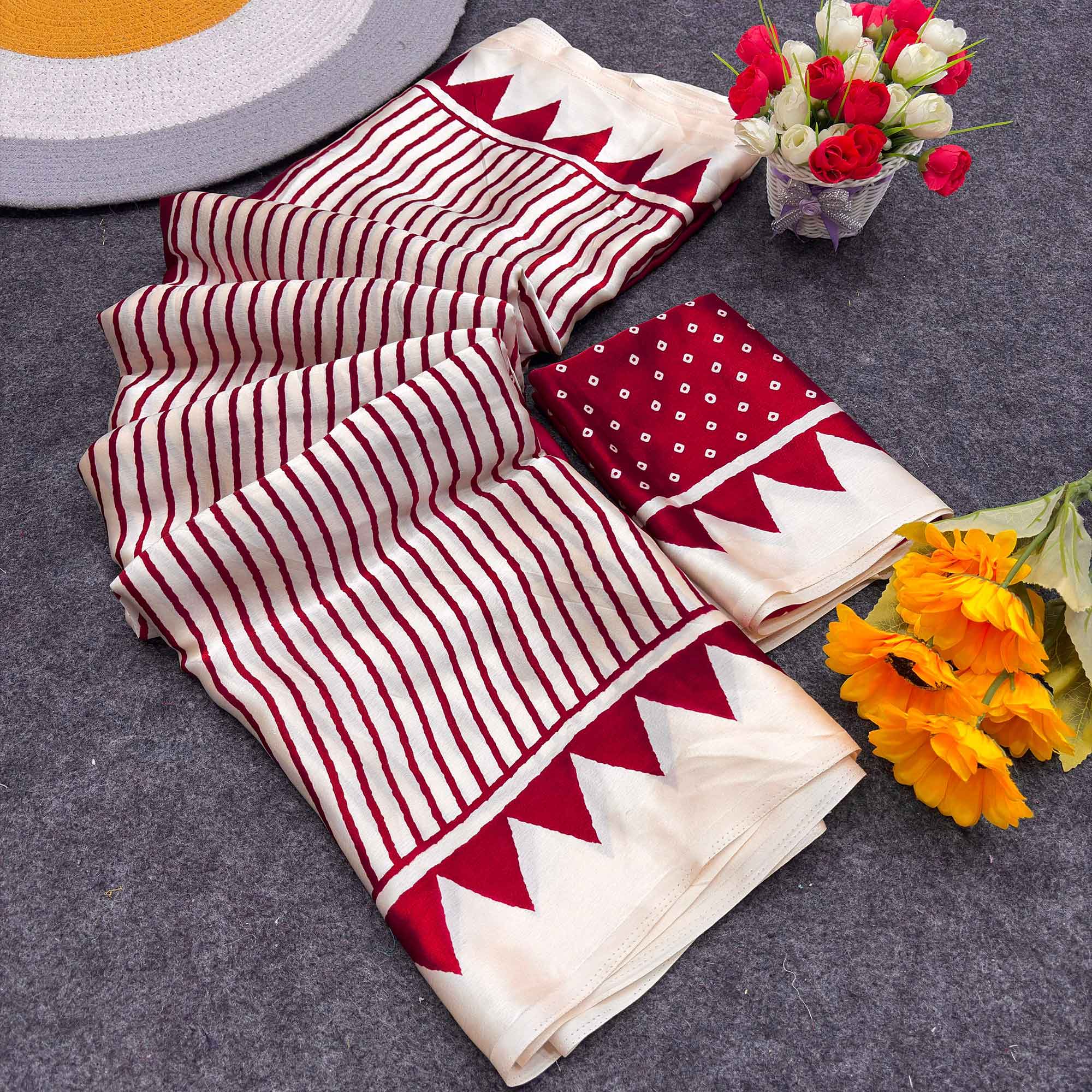 Party Perfect Off White & Pink Saree Crafted in Cream Crepe Fabric with Striped Print