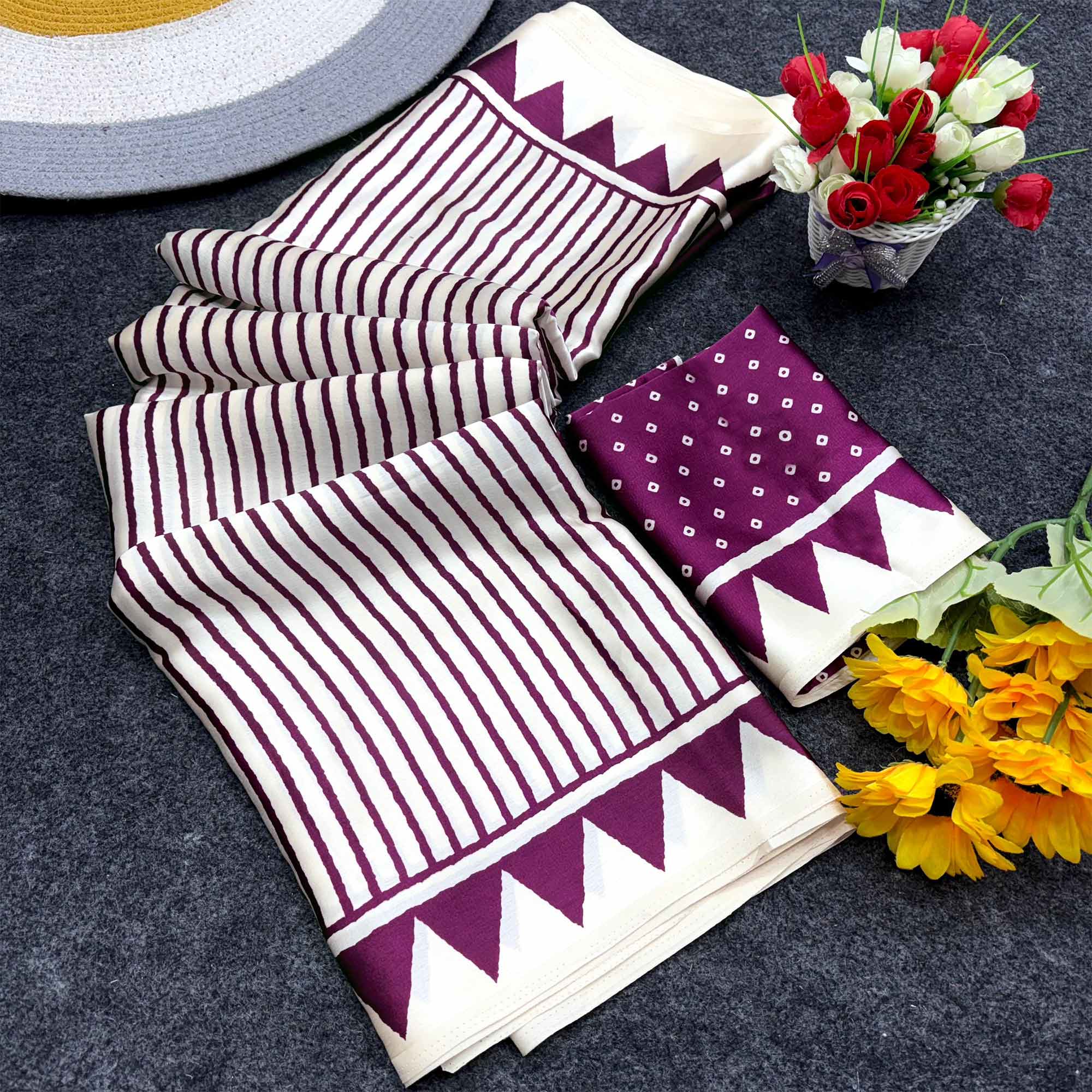 Party Perfect Off White & Purple Saree Crafted in Cream Crepe Fabric with Striped Print
