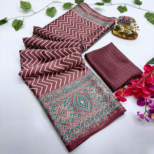 Chic Brown Crepe Saree with Contemporary Striped Print for Party and Festive Wear