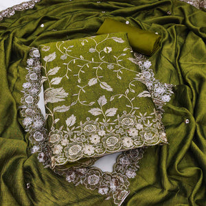Mehendi Green Vichitra Silk Dress Material With Delicate Floral Embroidery & Sparkling Stone Accent